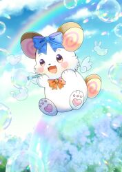 Rule 34 | blue bow, blue flower, blue sky, blurry, blurry background, bow, brown hair, bubble, bubble pipe, cloud, cloudy sky, commentary request, day, depth of field, flower, heart, kou hiyoyo, no humans, original, outdoors, rainbow, sky, solo