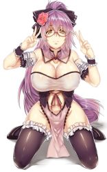 Rule 34 | 1girl, black thighhighs, blush, breasts, cleavage, detached collar, double v, glasses, hews, huge breasts, long hair, looking at viewer, original, ponytail, purple hair, red-framed eyewear, semi-rimless eyewear, simple background, smile, solo, thighhighs, v, white background, wrist cuffs, yellow eyes