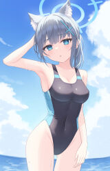 Rule 34 | 1girl, absurdres, animal ear fluff, animal ears, black one-piece swimsuit, blue archive, blue eyes, blue sky, breasts, cloud, competition swimsuit, covered navel, cross hair ornament, extra ears, grey hair, hair ornament, halo, highres, hitsuji (myn mei), horizon, looking at viewer, low ponytail, medium breasts, medium hair, mismatched pupils, multicolored clothes, multicolored swimsuit, ocean, official alternate costume, one-piece swimsuit, shiroko (blue archive), shiroko (swimsuit) (blue archive), sky, solo, standing, swimsuit, wolf ears