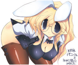 Rule 34 | 1girl, arms behind back, bent over, blonde hair, breasts, buttons, cleavage, glasses, hanging breasts, large breasts, long hair, original, pointy ears, rabbit girl, sakaki (noi-gren), solo, thighhighs