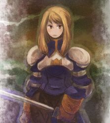 Rule 34 | agrias oaks, armor, blonde hair, breastplate, brown gloves, elbow pads, final fantasy, final fantasy tactics, gloves, holding, holding sword, holding weapon, long hair, lowres, moromiso (miara427), serious, shoulder pads, solo, sword, upper body, weapon, yellow eyes