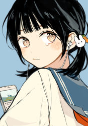 Rule 34 | 1girl, black hair, blue background, blush, brown eyes, rabbit hair ornament, carrot hair ornament, cellphone, closed mouth, commentary request, earbuds, earphones, food-themed hair ornament, from behind, hair ornament, holding, holding phone, looking at viewer, looking back, original, phone, ryuushi, sailor collar, sailor shirt, shirt, short hair, short twintails, simple background, smartphone, solo, tearing up, twintails, upper body, white shirt
