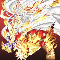 Rule 34 | &gt;:d, 1girl, :d, armband, boots, bow, breasts, brown footwear, cleavage, clenched teeth, collarbone, female focus, fighting stance, fire, foreshortening, fujiwara no mokou, gradient background, hair bow, highres, holding, knee boots, leaning forward, long hair, long sleeves, looking at viewer, medium breasts, ofuda, open mouth, pants, puffy pants, red eyes, red pants, silver hair, smile, solo, teeth, touhou, v-shaped eyebrows, versapro, very long hair, white bow
