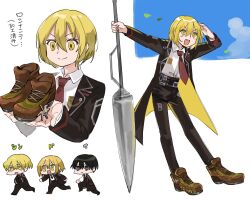 115_koubunshi 1girl 2boys arm_up black_coat black_pants blonde_hair boots brown_footwear coat collared_shirt don_quixote_(project_moon) full_body hands_up holding holding_polearm holding_weapon lance lapels limbus_company long_sleeves multiple_boys necktie notched_lapels open_mouth pants polearm project_moon red_necktie shirt silver_trim sinclair_(project_moon) smile weapon white_shirt yellow_eyes yi_sang_(project_moon)