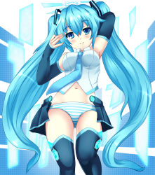 Rule 34 | 1girl, blue eyes, blue hair, detached sleeves, hatsune miku, highres, hinata sora, long hair, matching hair/eyes, navel, necktie, panties, skirt, solo, striped clothes, striped panties, thighhighs, twintails, underwear, very long hair, vocaloid