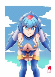 Rule 34 | 1girl, android, bent over, blue eyes, blue headwear, boots, border, breasts, capcom, cloud, female focus, helmet, highres, fairy leviathan (mega man), looking at viewer, medium breasts, mega man (series), mega man zero (series), sky, smile, solo, thigh boots, thighhighs, white border