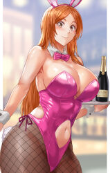 Rule 34 | 1girl, animal ears, ass, bare shoulders, bleach, blurry, blurry background, blush, bottle, bow, bowtie, breasts, brown eyes, brown pantyhose, cleavage, closed mouth, clothing cutout, cowboy shot, curvy, daraz, detached collar, fake animal ears, fake tail, fishnet pantyhose, fishnets, highleg, highleg leotard, highres, holding, holding tray, inoue orihime, large breasts, leotard, light smile, long hair, looking at viewer, navel, navel cutout, orange hair, pantyhose, parted bangs, pink bow, pink bowtie, pink leotard, playboy bunny, rabbit ears, rabbit tail, ribbon, shiny clothes, shiny skin, solo, stomach cutout, strapless, strapless leotard, tail, thighs, tray, wide hips, wine bottle, wrist cuffs