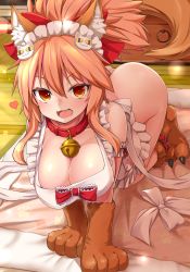Rule 34 | 1girl, all fours, animal ear fluff, animal ears, animal hands, apron, ass, bell, breasts, chiroshiron, cleavage, collar, fangs, fate/extra, fate/grand order, fate (series), fox ears, fox tail, gloves, hair between eyes, hair ornament, hairclip, heart, highres, indoors, jingle bell, large breasts, long hair, looking at viewer, naked apron, neck bell, neco-arc, open mouth, paw gloves, pink hair, red collar, solo, tail, tamamo (fate), tamamo cat (fate), tamamo cat (third ascension) (fate), tatami, yellow eyes