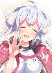 Rule 34 | 1girl, ahoge, character name, closed eyes, floating hair, gym uniform, hair between eyes, jacket, long hair, matoi (pso2), milkpanda, open clothes, open jacket, open mouth, phantasy star, phantasy star online 2, red jacket, shirt, silver hair, smile, solo, twintails, unzipped, upper body, white shirt