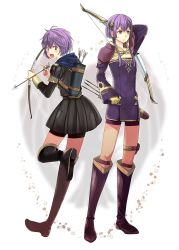 Rule 34 | 1girl, age progression, anzk232, arrow (projectile), bernadetta von varley, boots, bow (weapon), closed mouth, dress, fire emblem, fire emblem: three houses, garreg mach monastery uniform, gloves, grey eyes, hair ornament, highres, holding, holding arrow, holding bow (weapon), holding weapon, hood, hood down, knee boots, long sleeves, nintendo, open mouth, purple hair, quiver, short dress, short hair, uniform, weapon, yellow gloves