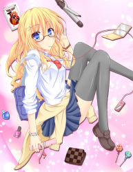 Rule 34 | 1girl, alternate costume, bespectacled, blonde hair, blue eyes, cellphone, cellphone charm, cellphone strap, charm (object), colorized, female focus, flask (pandora), food, glasses, highres, kirisame marisa, noumin, phone, pocky, school uniform, sleeves pushed up, solo, thighhighs, touhou
