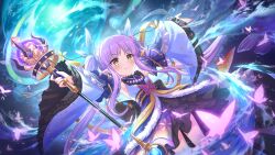 Rule 34 | 1girl, bug, butterfly, dress, hair ribbon, insect, kyouka (princess connect!), long hair, magic, official art, princess connect!, purple butterfly, purple hair, ribbon, spell, twintails, wand, yellow eyes