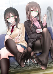 2girls black_hair black_jacket black_skirt blue_skirt breasts brown_hair cardigan collared_shirt commentary_request crossed_legs cum cum_on_body cum_on_feet feet foot_focus green_eyes highres jacket jk-chan_(oouso) legs long_hair looking_at_viewer multiple_girls necktie office_lady ol-chan_(oouso) oouso original pantyhose pencil_skirt pink_shirt pleated_skirt red_necktie school_uniform shirt siblings sisters sitting skirt train_interior white_shirt yellow_cardigan