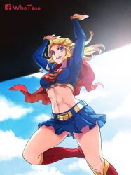 Rule 34 | 1girl, artist name, belt, blonde hair, blue eyes, boots, breasts, cape, carrying, chinese commentary, cloud, commentary request, cropped shirt, dc comics, facebook logo, knee boots, lens flare, medium breasts, midriff, miniskirt, navel, open mouth, red cape, skirt, sleeves past wrists, smile, solo, supergirl, superman (series), whotsou, yellow belt