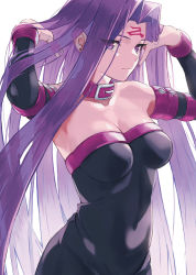 Rule 34 | 1girl, bare shoulders, belt collar, black dress, breasts, cleavage, closed mouth, collar, covered navel, cowboy shot, detached sleeves, doushimasho, dress, earrings, facial mark, fate/stay night, fate (series), female focus, forehead mark, hands up, jewelry, long hair, long sleeves, looking at viewer, matching hair/eyes, medium breasts, medusa (fate), medusa (rider) (fate), purple eyes, purple hair, simple background, solo, strapless, strapless dress, stud earrings, very long hair, white background