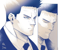 Rule 34 | 1boy, beard, blue eyes, blue theme, boku no hero academia, close-up, closed eyes, closed mouth, endeavor (boku no hero academia), facial hair, formal, koooogasya, male focus, mature male, monochrome, necktie, scar, scar across eye, scar on face, sequential, short hair, sideburns, spiked hair