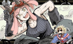 Rule 34 | 1boy, 1girl, bare shoulders, black gloves, black tank top, blonde hair, blood, blood from mouth, blood on face, boku no hero academia, breasts, cleavage, collarbone, commentary, gloves, goggles, goggles on head, hatsume mei, highres, holding, holding wrench, kankan33333, large breasts, looking at viewer, medium hair, open mouth, pink hair, shirt, short hair, smile, sweat, symbol-shaped pupils, tank top, teeth, torn clothes, torn shirt, upper body, upper teeth only, wrench, yagi toshinori, yellow eyes