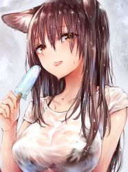Rule 34 | 1girl, :p, animal ears, bikini, bikini top only, bikini under clothes, black bikini, blush, breasts, brown eyes, brown hair, collarbone, commentary request, food, fox ears, hair between eyes, highres, holding, holding food, large breasts, long hair, looking at viewer, original, popsicle, see-through, shirt, short sleeves, simple background, solo, sukemyon, swimsuit, tongue, tongue out, upper body, wet, wet clothes, wet hair, wet shirt, white shirt