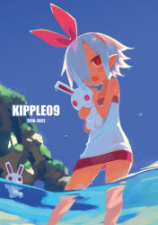 Rule 34 | 1girl, bare shoulders, blue sky, cover, cover page, disgaea, dress, feet out of frame, flat chest, hair ribbon, hairband, harada takehito, holding, holding stuffed toy, open mouth, original, outdoors, pleinair, pointy ears, rabbit, red eyes, red ribbon, ribbon, rock, short hair, sky, stuffed animal, stuffed rabbit, stuffed toy, usagi-san, wading, water, white hair