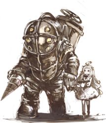 Rule 34 | 1girl, ahoge, big daddy (bioshock), bioshock (series), commentary request, crossover, dress, drill, highres, horns, kantai collection, long hair, northern ocean princess, sumisu (mondo), very long hair, white background