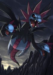 Rule 34 | cloud, cloudy sky, commentary request, creatures (company), dark clouds, day, dragon, dragon tail, fangs, floating, full body, game freak, gen 5 pokemon, glowing, glowing eyes, highres, hydreigon, multiple heads, nintendo, no humans, nostrils, open mouth, outdoors, pokemon, pokemon (creature), pokemon bw, red eyes, sky, snout, solo, tail, tesshii (riza4828), tongue, wings