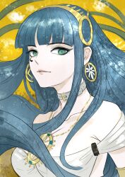 Rule 34 | 1girl, belt collar, blue hair, breasts, cleavage, cleopatra (fate), collar, collarbone, earrings, egyptian clothes, elyoncat, eyelashes, eyeliner, fate/grand order, fate (series), green eyes, hairband, highres, hoop earrings, jewelry, large breasts, long hair, makeup, medium breasts, parted lips, ring, solo, yellow background