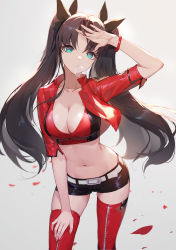 Rule 34 | 1girl, absurdres, adjusting hair, aqua eyes, belt, belt buckle, black hair, black ribbon, black shorts, breasts, buckle, chewing gum, cleavage, collarbone, crop top, cropped jacket, fate/stay night, fate (series), hair ribbon, hand on own thigh, hand up, highres, jacket, lance (lancelliu), long hair, looking at viewer, medium breasts, midriff, nail polish, navel, official alternate costume, petals, race queen, red jacket, red nails, red shirt, red thighhighs, ribbon, shirt, short shorts, shorts, skindentation, solo, sports bra, stomach, thighhighs, tohsaka rin, twintails, two-tone sports bra, very long hair, white belt, zipper