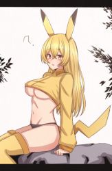 Rule 34 | 1girl, :o, ?, blonde hair, blush stickers, breasts, commentary request, creatures (company), cropped shirt, from side, game freak, gen 1 pokemon, highres, large breasts, letterboxed, long hair, looking at viewer, looking to the side, mame rakko, navel, nintendo, personification, pikachu, pikachu ears, pikachu tail, pokemon, pokemon ears, pokemon tail, rock, shirt, sitting, solo, tail, thighhighs, underboob, yellow eyes, yellow shirt, yellow thighhighs