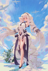 Rule 34 | 1girl, aircraft, airplane, armpits, arms behind head, arms up, azur lane, bad id, bad pixiv id, bare legs, black footwear, blue sky, blush, breasts, cirilla lin, closed mouth, clothing cutout, cloud, commentary, dress, english commentary, flower, formidable (azur lane), formidable (timeless classics) (azur lane), full body, hair ribbon, high heels, highres, large breasts, long hair, looking at viewer, midriff, multicolored eyes, navel, navel cutout, official alternate costume, plant, purple eyes, red eyes, ribbon, rose, sky, solo, standing, twintails, veil, very long hair, white dress, white flower, white hair, white rose