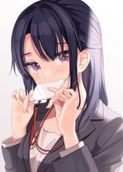 Rule 34 | 1girl, backlighting, bad id, bad twitter id, black hair, blazer, blush, breasts, collarbone, commentary request, covering own mouth, grey jacket, hands up, highres, holding, id card, jacket, lanyard, long hair, long sleeves, looking at viewer, multicolored hair, original, pink eyes, shigure ui, shirt, sidelocks, simple background, small breasts, solo, streaked hair, undershirt, uniform, upper body, white background, white shirt, wing collar