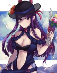 Rule 34 | 1girl, alternate costume, bare shoulders, black hat, blue one-piece swimsuit, breasts, cleavage, clothing cutout, cup, dress, dress swimsuit, drink, drinking glass, drinking straw, female focus, fire emblem, fire emblem engage, fire emblem heroes, hat, highres, holding, holding cup, ivy (fire emblem), ivy (summer) (fire emblem), large breasts, leon0630claude, long hair, looking at viewer, matching hair/eyes, mole, mole under mouth, navel, nintendo, official alternate costume, one-piece swimsuit, purple eyes, purple hair, solo, stomach, stomach cutout, swimsuit, tropical drink