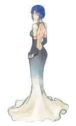 Rule 34 | 1girl, ass, back, back tattoo, backless dress, backless outfit, bag, black dress, black gloves, blue eyes, blue hair, breasts, bridal gauntlets, ciel (tsukihime), dress, elbow gloves, formal, from behind, gloves, handbag, highres, jewelry, long dress, looking back, medium breasts, melty blood, necklace, oceanbellereine, short hair, smile, solo, tattoo, tramp stamp, tsukihime