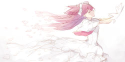 Rule 34 | absurdres, bad id, bad pixiv id, closed eyes, closed mouth, commentary request, dress, from side, hair ribbon, highres, kaname madoka, long hair, mahou shoujo madoka magica, mahou shoujo madoka magica (anime), misteor, outstretched arms, red hair, ribbon, short sleeves, sketch, solo, ultimate madoka, white background, white dress, white ribbon