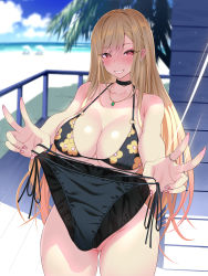 Rule 34 | 1girl, absurdres, ariso kaoru, beach, bikini, black bikini, blonde hair, blue sky, bottomless, breasts, choker, cleavage, cleft of venus, cloud, collarbone, commentary request, day, ear piercing, earrings, floral print, gluteal fold, grin, highres, holding, holding clothes, holding swimsuit, jewelry, kitagawa marin, large breasts, looking at viewer, nail polish, necklace, outdoors, palm tree, piercing, print bikini, pussy, railing, red eyes, ring, sky, smile, solo, sono bisque doll wa koi wo suru, standing, swimsuit, tree, uncensored, underboob, wide hips