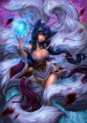 Rule 34 | 1girl, ahri (league of legends), animal ears, bare shoulders, black hair, breasts, brown eyes, cleavage, energy ball, felsus, female focus, fox ears, fox tail, henry aponte puello, large breasts, league of legends, long hair, looking at viewer, multiple tails, off shoulder, ponytail, solo, standing, tail, very long hair