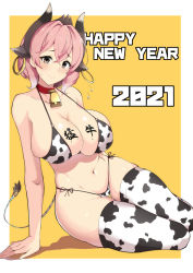 Rule 34 | 1girl, 2021, animal ears, animal print, bare shoulders, bell, bikini, blush, body writing, boots, breasts, calligraphy, chinese zodiac, cleavage, collar, cow ears, cow girl, cow horns, cow print, cow tail, cowbell, earrings, falcom, grey eyes, happy new year, highleg, highleg bikini, highleg swimsuit, hoop earrings, horn, horns, huge breasts, jewelry, large breasts, large pasta, looking at viewer, midriff, mole, mole under eye, multicolored hair, navel, new year, ox (chinese zodiac), pink hair, raging bull (ys), short hair, side-tie bikini bottom, simple background, sitting, smile, solo, streaked hair, sweat, sweatdrop, swimsuit, tail, thick thighs, thigh boots, thighhighs, thighs, two-tone, white bikini, white hair, year of the ox, ys, ys ix monstrum nox