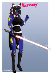 Rule 34 | absurdres, alien, blue skin, boots, breasts, collar, colored skin, cpt.tester works, energy sword, gloves, green eyes, harmony (cpt.tester), headpiece, highres, jewelry, large breasts, lightsaber, midriff, monster girl, sith, skirt, star wars, sword, tall female, tattoo, togruta, toned female, tongue, tongue out, weapon