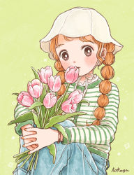 Rule 34 | 1girl, black eyes, blue pants, blush, braid, bucket hat, casual, commentary, denim, flower, flower to mouth, green background, green shirt, green trim, hand on own knee, hat, highres, holding, holding flower, jeans, leaf, long sleeves, orange hair, original, pants, pink flower, pink tulip, shirt, sitting, solo, spring (season), striped clothes, striped shirt, symbol-only commentary, tokoyu, tulip, twin braids, two-tone shirt, white hat, white shirt, yellow background