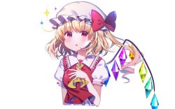 Rule 34 | 1girl, :o, ascot, bad id, bad twitter id, blonde hair, blush, bow, breasts, commentary, crystal, flandre scarlet, frilled shirt collar, frills, hand on own chest, hand up, hat, hat bow, highres, koto seori, long hair, looking at viewer, mob cap, one side up, open mouth, puffy short sleeves, puffy sleeves, red bow, red eyes, red vest, shirt, short sleeves, simple background, small breasts, solo, touhou, upper body, vest, white background, white hat, white shirt, wings, yellow ascot