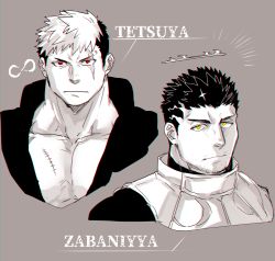 Rule 34 | 2boys, bara, cropped shoulders, expressionless, facial hair, greyscale, highres, large pectorals, looking at viewer, male focus, monochrome, multicolored hair, multiple boys, muscular, muscular male, onogami tetsuya, partially unbuttoned, pectoral cleavage, pectorals, red eyes, scar, scar across eye, scar on chest, scar on face, short hair, sidepec, spot color, stubble, tokyo houkago summoners, two-tone hair, undercut, yellow eyes, zabaniyan, zabaniyya (housamo)