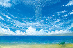 Rule 34 | beach, blue sky, blue theme, calligraphy brush, calligraphy brush (medium), cloud, commentary, commentary request, day, ebine toshio, english commentary, horizon, mixed-language commentary, no humans, ocean, original, outdoors, paintbrush, sand, scenery, shore, sky, tapir, tree, very wide shot, water, waves