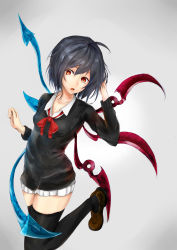 Rule 34 | 1girl, absurdres, ajisa, alternate costume, asymmetrical wings, black hair, black thighhighs, bow, breasts, brown footwear, collarbone, gradient background, grey background, hand in own hair, highres, hip focus, houjuu nue, leg up, long sleeves, looking down, open mouth, red eyes, shoes, short hair, small breasts, solo, sweater, thighhighs, thighs, touhou, wings