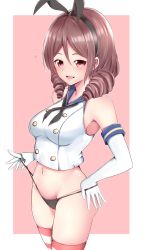 Rule 34 | 1girl, baretto (karasi07), black hairband, black neckerchief, black panties, breasts, brown hair, cosplay, crop top, drill hair, elbow gloves, gloves, hairband, harukaze (kancolle), heart, highleg, highleg panties, highres, kantai collection, medium breasts, neckerchief, panties, red eyes, school uniform, serafuku, shimakaze (kancolle), shimakaze (kancolle) (cosplay), solo, standing, striped clothes, striped thighhighs, thighhighs, thong, twin drills, underwear, white gloves