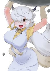 Rule 34 | 1girl, animal ears, black horns, blush, boulder, breasts, brown eyes, brown ribbon, dress, extra ears, gloves, grey horns, hair over one eye, highres, holding, horns, kemono friends, kemono friends 3, large breasts, long hair, masuyama ryou, multicolored horns, ox ears, ox girl, ox horns, ox tail, ribbon, rock, shirt, short sleeves, smile, solo, twintails, very long hair, white hair, yak (kemono friends), yellow shirt