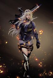Rule 34 | 1girl, absurdres, an-94 (girls&#039; frontline), an-94 (girls&#039; frontline) (cosplay), artist request, blue eyes, boots, call of duty, call of duty: mobile, cosplay, embers, girls&#039; frontline, gloves, hairband, highres, holding, holding weapon, jacket, long hair, long sleeves, scylla (call of duty: mobile), signature, simple background, solo, tagme, weapon, white hair