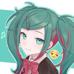 Rule 34 | 1girl, beamed eighth notes, blue eyes, blue hair, blush, bow, bowtie, collared shirt, commentary, emoji, hair ornament, hairclip, hatsune miku, highres, leo/need (project sekai), leo/need miku, long hair, looking at viewer, multicolored hair, musical note, parted bangs, pink hair, project sekai, safety pin, shirt, smile, smug, solo, streaked hair, symbol-only commentary, twintails, two-tone hair, vocaloid, vs0mr