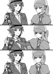 Rule 34 | 1boy, 1girl, 3koma, absurdres, braid, breast pocket, capelet, chidouin sara, closed mouth, collared shirt, comic, detective, frown, greyscale, hat, highres, kimi ga shine, looking at viewer, monochrome, pocket, police, police hat, police uniform, ponytail, serious, shirt, simple background, tazuna joe, tkylv1683, uniform, upper body, vest, you&#039;re doing it wrong