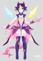 Rule 34 | + +, 1boy, :3, animal ear fluff, animal ears, asymmetrical wings, blonde hair, blue eyes, blue hair, blue nails, blue wings, blush, boots, bracelet, closed mouth, colored eyelashes, creatures (company), detached wings, earrings, extra ears, fingerless gloves, full body, game freak, gen 8 pokemon, gloves, grey background, guitar, hand up, happy, highres, holding, holding instrument, humanization, instrument, japanese text, jewelry, jumpsuit, light blush, lizard tail, looking at viewer, male focus, merlusa, multicolored hair, multiple earrings, nail polish, navel, nintendo, pale skin, pink thighhighs, pokemon, purple footwear, purple gloves, purple hair, purple jumpsuit, see-through, short jumpsuit, sidelocks, simple background, smile, solo, spiked bracelet, spikes, standing, stomach, straight-on, tail, thigh boots, thighhighs, thighs, toxtricity, toxtricity (amped), translation request, v-shaped eyebrows, wings, yellow nails, yellow wings