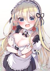 Rule 34 | 1girl, absurdres, alice (bishoujo mangekyou), apron, bishoujo mangekyou, black ribbon, black skirt, blonde hair, blue eyes, blush, breast hold, breasts, breasts squeezed together, cleavage, commentary, cowboy shot, crossed arms, detached collar, flower, foreshortening, frilled apron, frills, from above, gattengou, hair between eyes, hair flower, hair ornament, hair ribbon, highres, large breasts, long hair, looking at viewer, maid, maid headdress, neck ribbon, open mouth, puffy short sleeves, puffy sleeves, red flower, ribbon, short sleeves, sidelocks, skirt, solo, twitter username, v-shaped eyebrows, very long hair, waist apron, white apron, white wrist cuffs, wrist cuffs