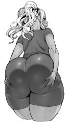 Rule 34 | 1girl, ass, ass grab, commentary request, dark-skinned female, dark elf, dark skin, deep skin, elf, elf-san wa yaserarenai., from behind, grabbing own ass, greyscale, highres, huge ass, kuroeda-san, looking at viewer, looking back, mole, mole under eye, monochrome, parted lips, pointy ears, simple background, solo, sweat, synecdoche, thick thighs, thighs, twintails, white background, wide hips